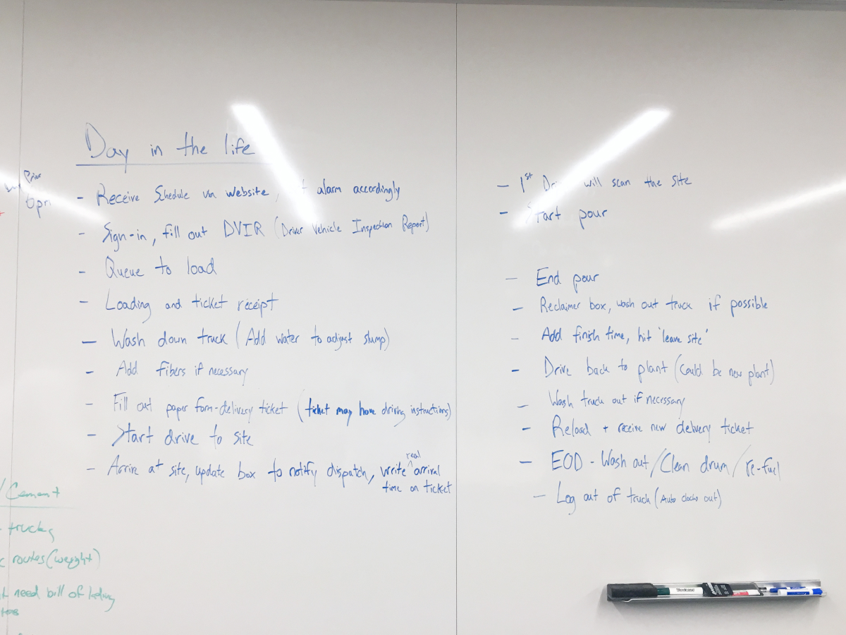 Day in the life of a concrete truck driver written on a whiteboard