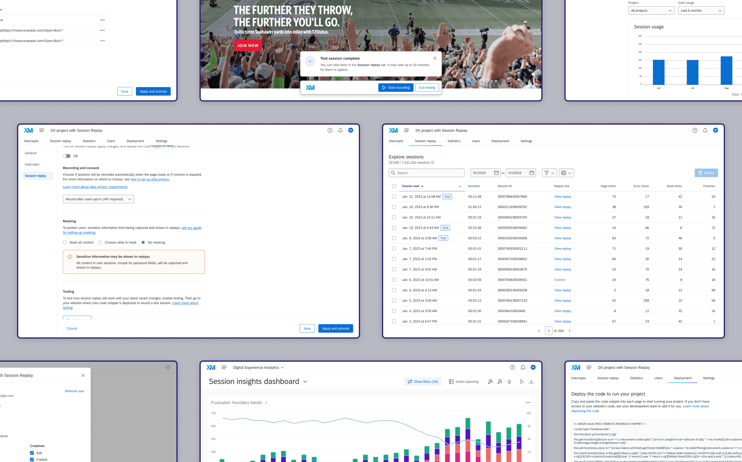 Collection of screens used to configure, deploy, and manage session replay