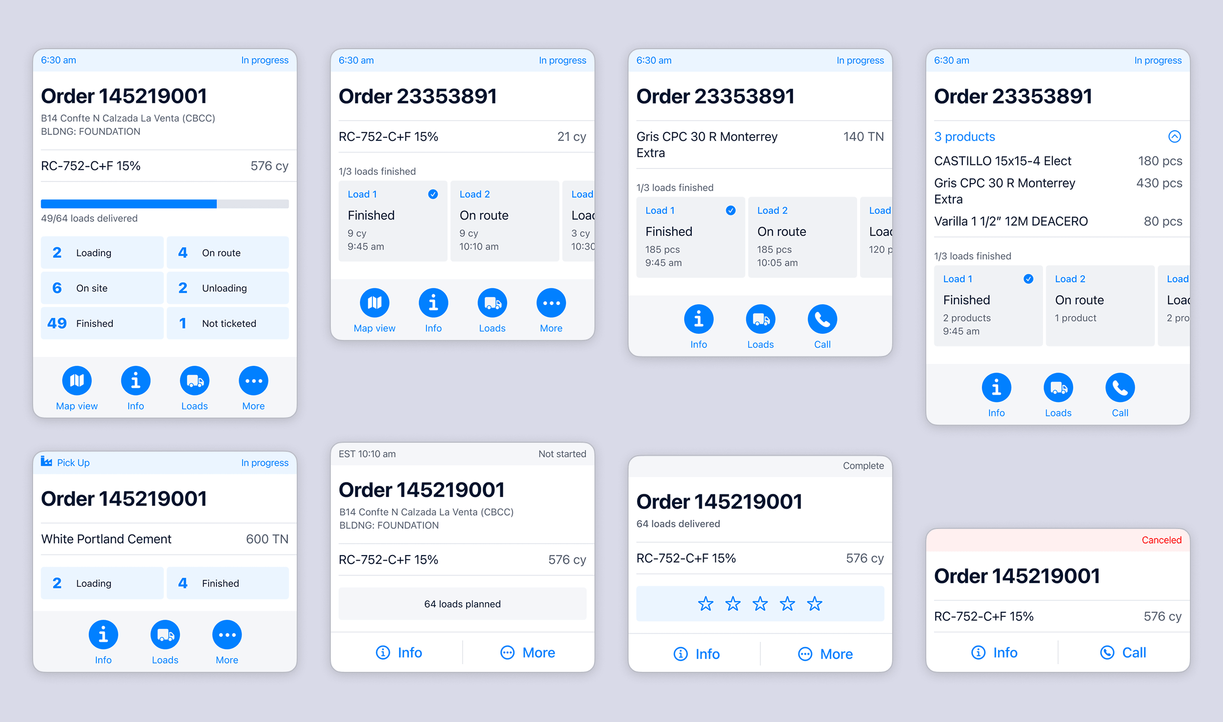 Card types and states for representing different orders and products at CEMEX